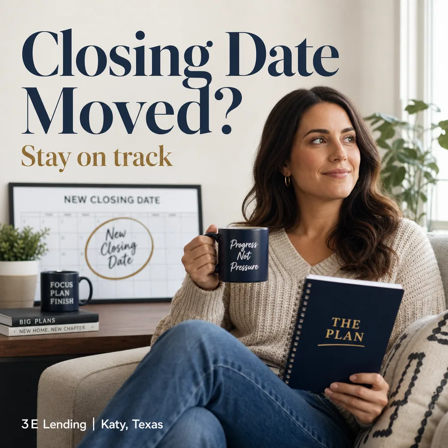 A smiling woman on a sofa holding a navy mug and a navy notebook, with a wall calendar behind her marked New Closing Date. Headline reads Closing Date Moved? Stay on track. Generated image for 3E Lending, not a photo of a client.