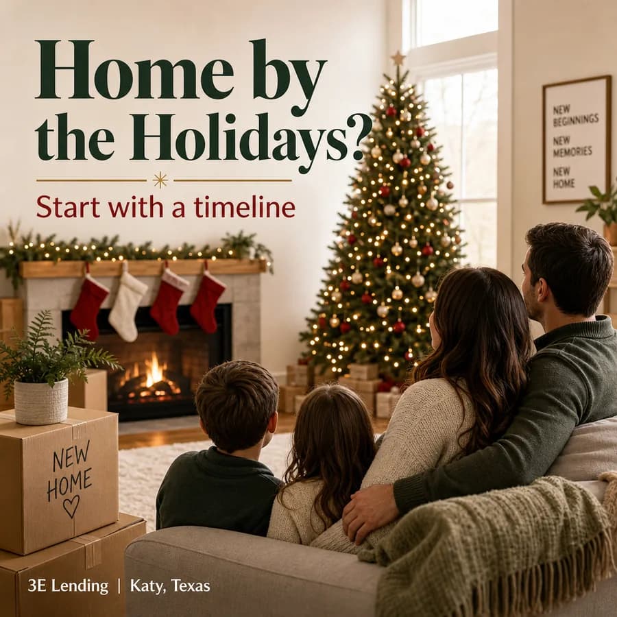 A family of four seen from behind on a sofa facing a decorated Christmas tree and fireplace, with a moving box marked New Home beside them. Headline reads Home by the Holidays? Start with a timeline. Generated image for 3E Lending.