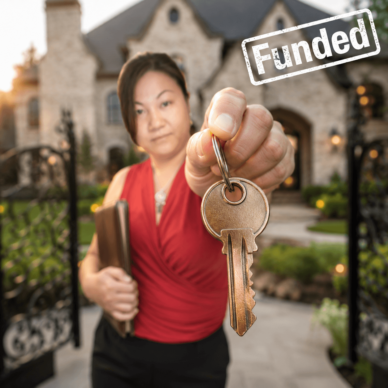 Kimberli Pham holding out a house key with a Funded stamp, in front of a Texas home