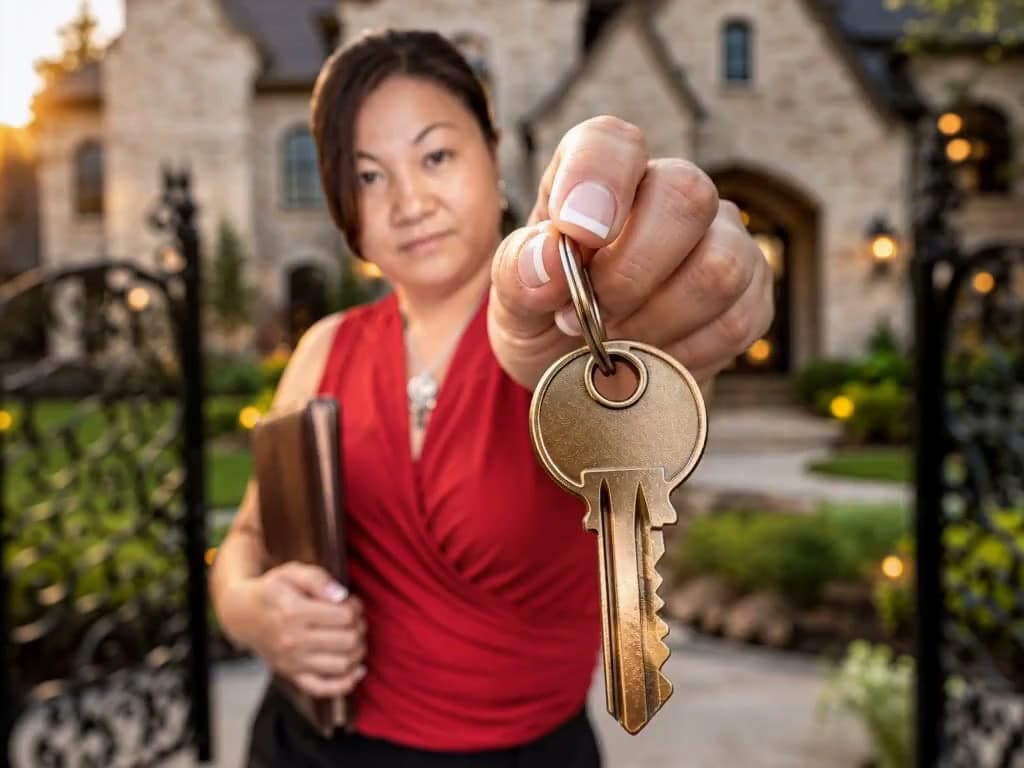 Kimberli Pham holding out a house key in front of a Texas home