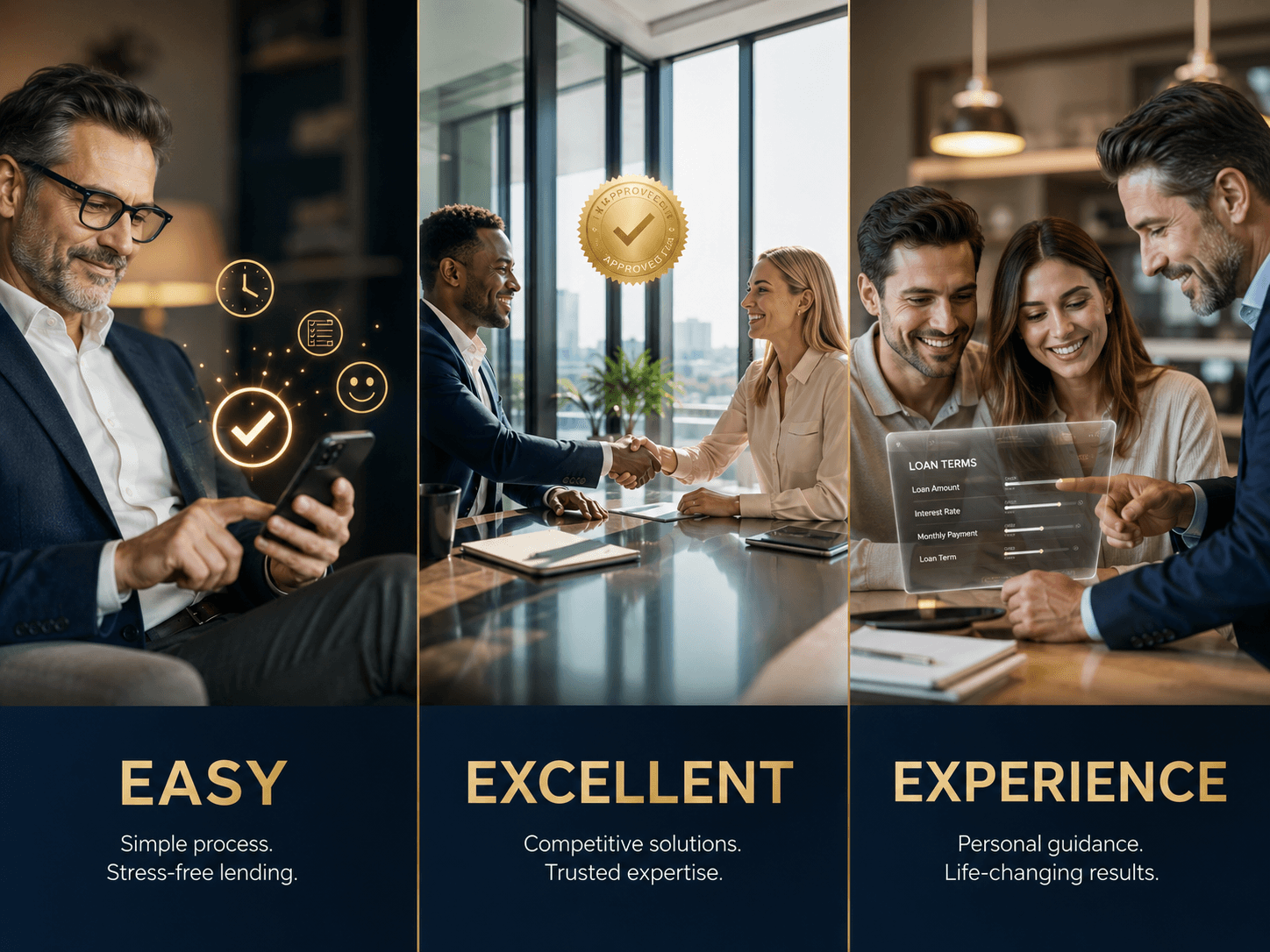 3E Lending's promise: Easy - simple process, stress-free lending. Excellent - competitive solutions, trusted expertise. Experience - personal guidance, life-changing results.