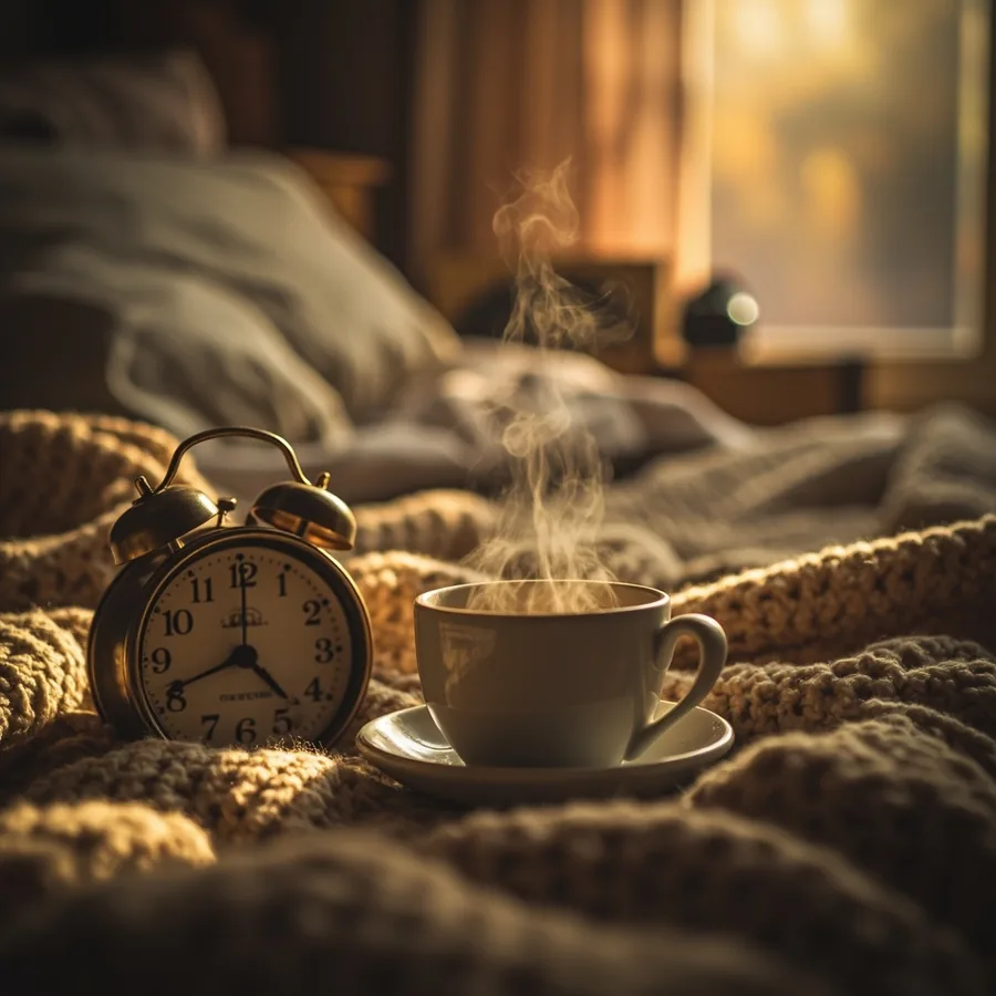A quiet autumn morning in a cozy bedroom with soft light on a knit blanket and a steaming cup of tea beside a softly blurred analog clock. Generated image.