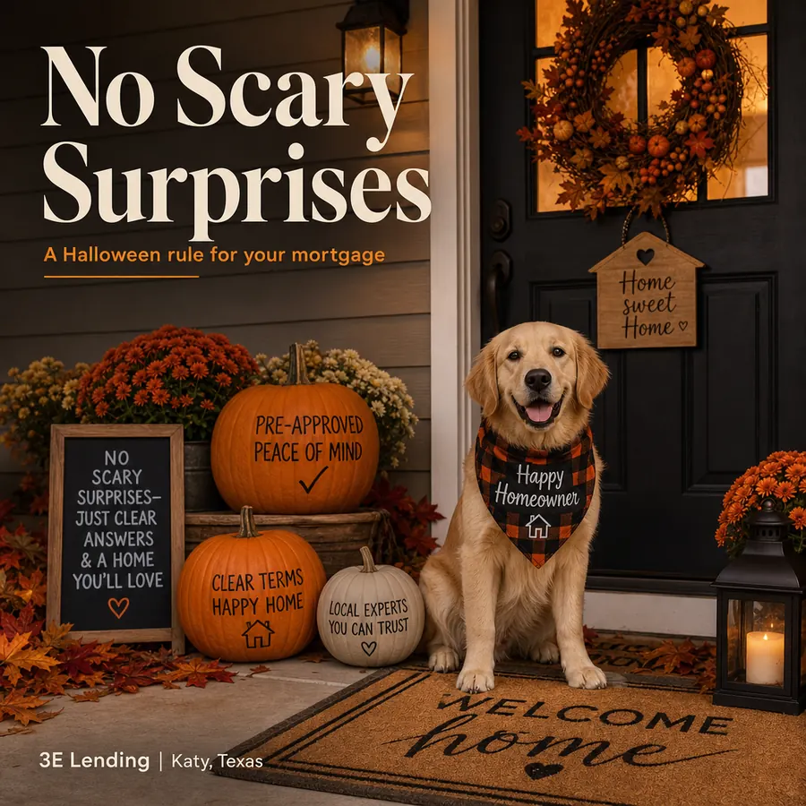A golden retriever in a plaid bandana sitting on an autumn front porch with pumpkins, mums and a chalkboard sign. Headline reads No Scary Surprises, a Halloween rule for your mortgage. Generated image for 3E Lending.