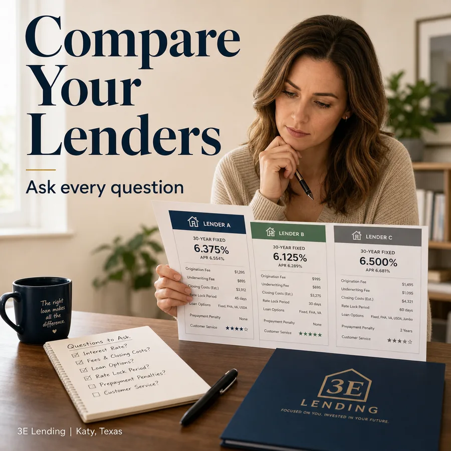 A thoughtful woman holding a three-column comparison sheet of lender estimates, with a checklist notebook and a navy folder on the desk. Headline reads Compare Your Lenders, ask every question. Generated image for 3E Lending.