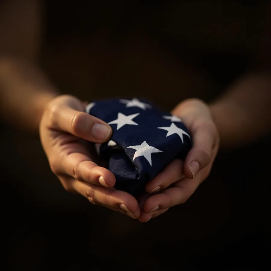 Two hands gently holding a small folded American flag in soft morning light. Generated image, not a photo of a real person.